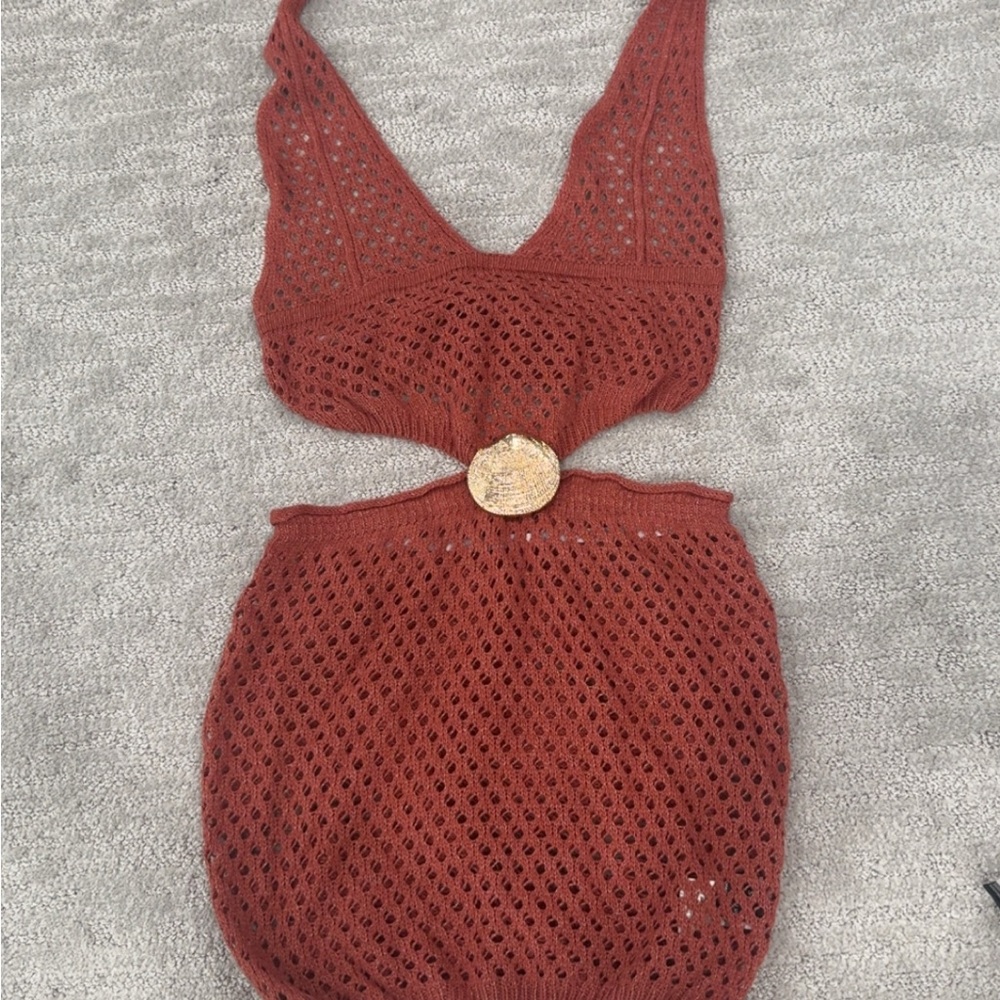 Rust Crochet Knit Dress with Cutout